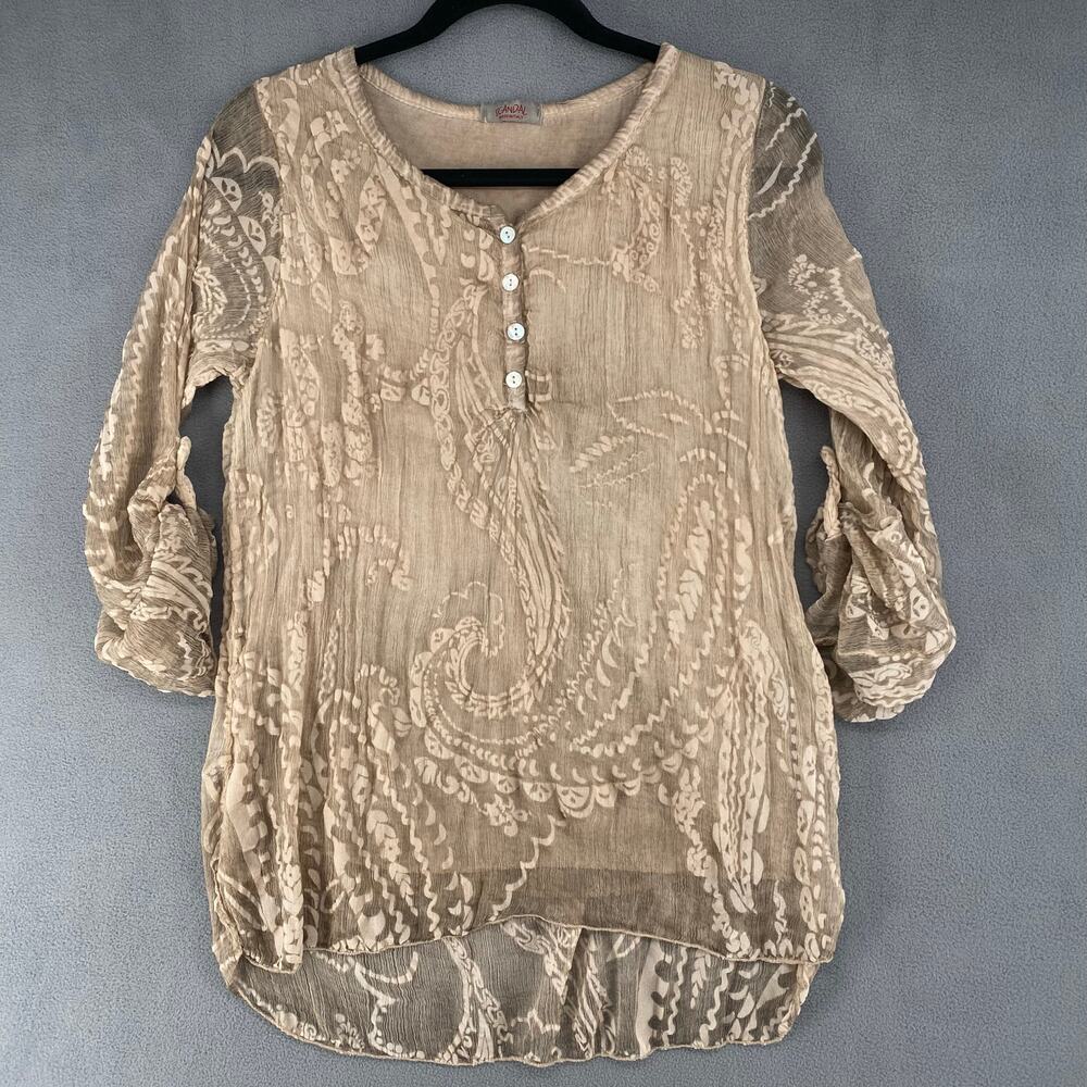 Scandal Italy Crepe Silk Womens Roll Sleeve Blouse S Tan Boho Floral Lagenlook